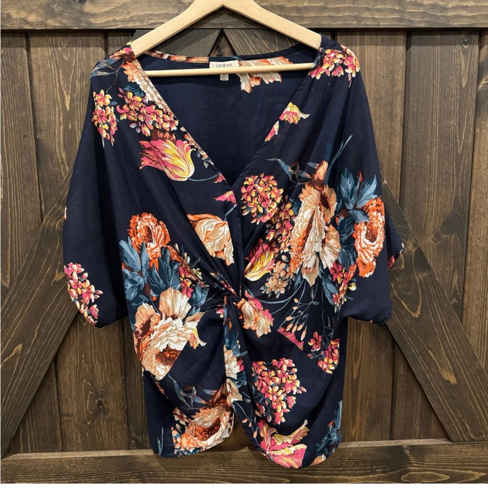 Umgee Blue and Black Wrap Blouse Relaxed Fit
